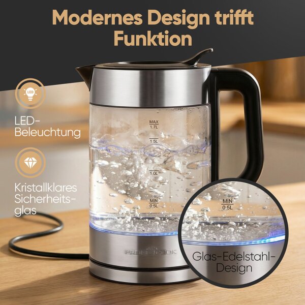 PROFI COOK Wasserkocher PC-WKS 1322, Glas dark inox, 1,7 L