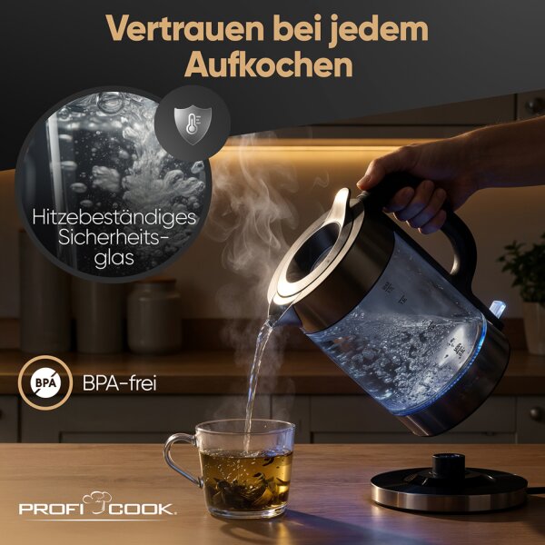 PROFI COOK Wasserkocher PC-WKS 1322, Glas dark inox, 1,7 L
