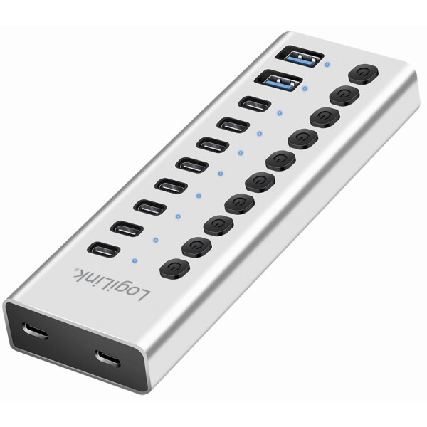 LogiLink USB 3.2 Hub, 10-Port, mit Ein- Ausschalter, silber