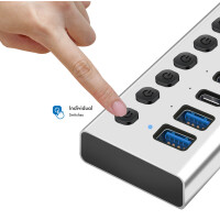 LogiLink USB 3.2 Hub, 10-Port, mit Ein- Ausschalter, silber