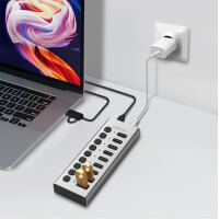 LogiLink USB 3.2 Hub, 10-Port, mit Ein- Ausschalter, silber