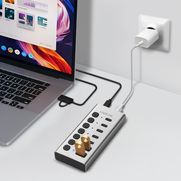 LogiLink USB 3.2 Hub, 7-Port, mit Ein- Ausschalter, silber