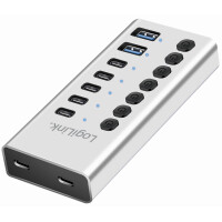 LogiLink USB 3.2 Hub, 7-Port, mit Ein- Ausschalter, silber