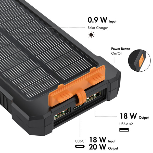 LogiLink Solar-Powerbank, 10.000 mAh, 20 Watt,schwarz orange