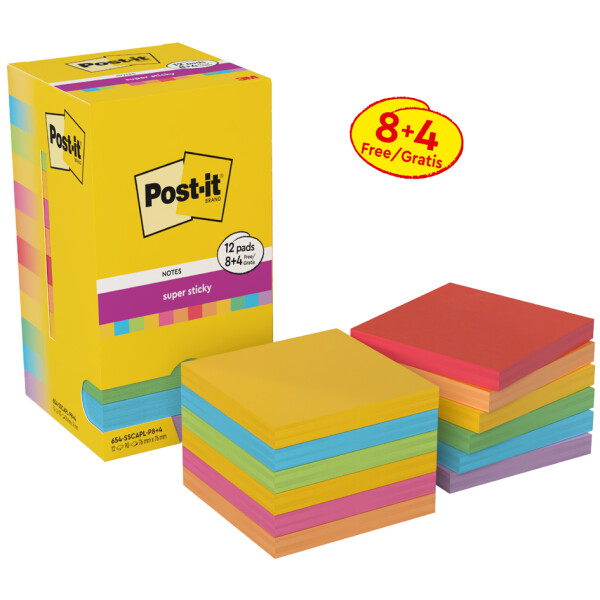 Post-it Haftnotizen super sticky notes, 76 x 76 mm, 8+4