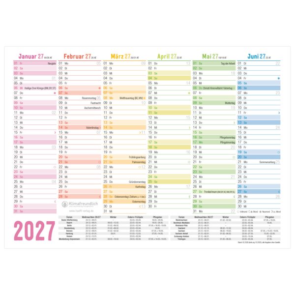 H&auml;fft Tischkalender Rainbow 2027, A5 quer, 400g m&sup2;, 6M 1S 11357-0