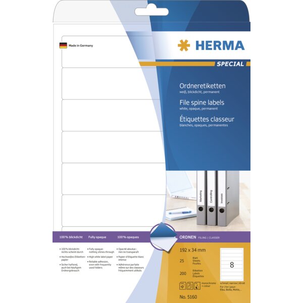 HERMA Ordnerr&uuml;cken-Etiketten SPECIAL, 192 x 25,4 mm, wei&szlig;