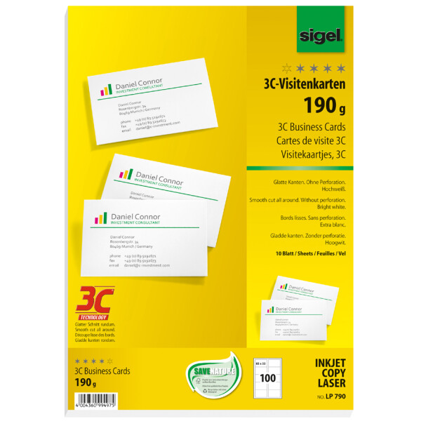 sigel Visitenkarten 3C, 85 x 55 mm, 190 g qm, hochweiß