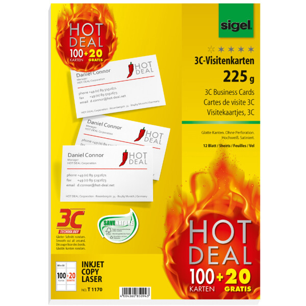 sigel Visitenkarten 3C, 85 x 55 mm, 225 g qm, hochweiß