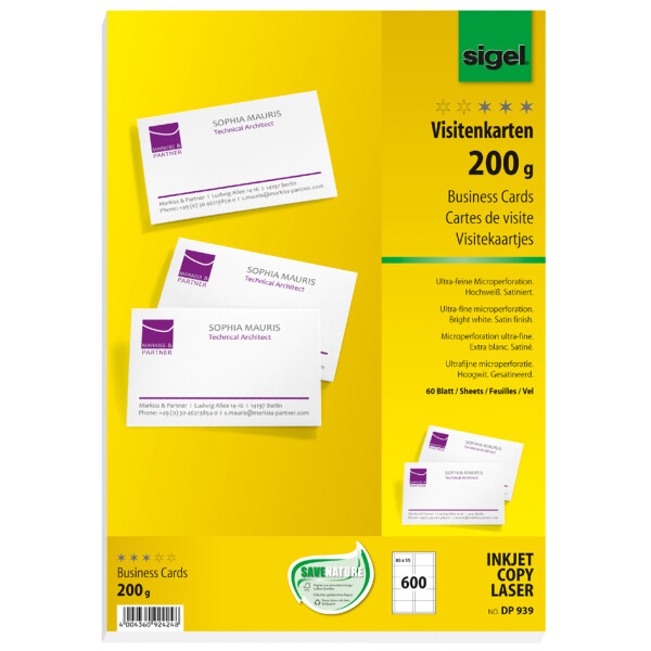 sigel Visitenkarten, 85 x 55 mm, 200 g qm, hochweiß
