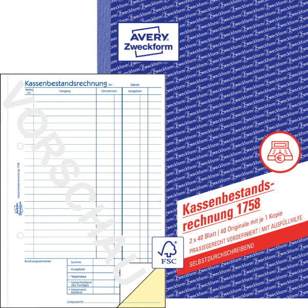 AVERY Zweckform Formularbuch "Kassenabrechnung", SD, A4
