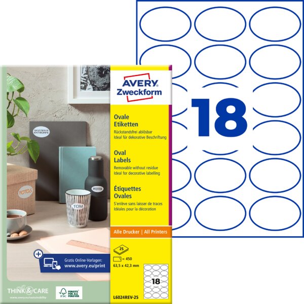 AVERY Zweckform Stick+Lift Etiketten, 63,5 x 42,3 mm, oval