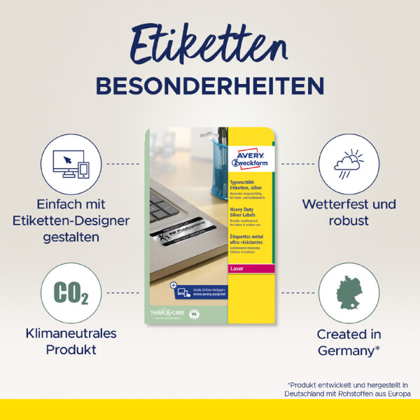 AVERY Zweckform Typenschild-Etiketten, 63,5 x 29,6mm, silber