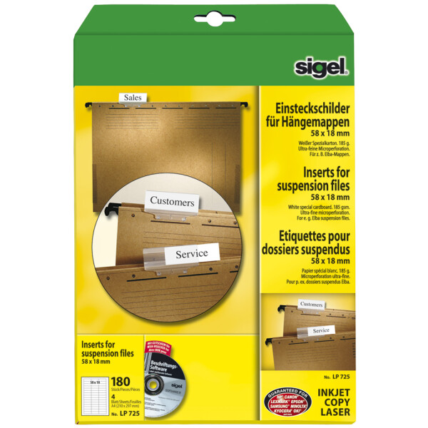 sigel PC-Einsteckschilder für Hängemappen, 58 x 18 mm, weiß