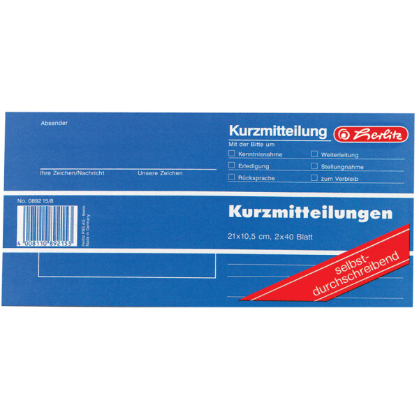 herlitz Formularbuch "Kurzmitteilung", 1 3 A4 quer