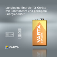 VARTA Alkaline Batterie Longlife, E-Block (6LR61 6LP3146)