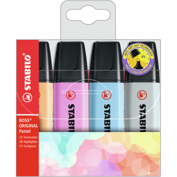 STABILO Textmarker BOSS ORIGINAL Pastel, 4er Kunststoffetui