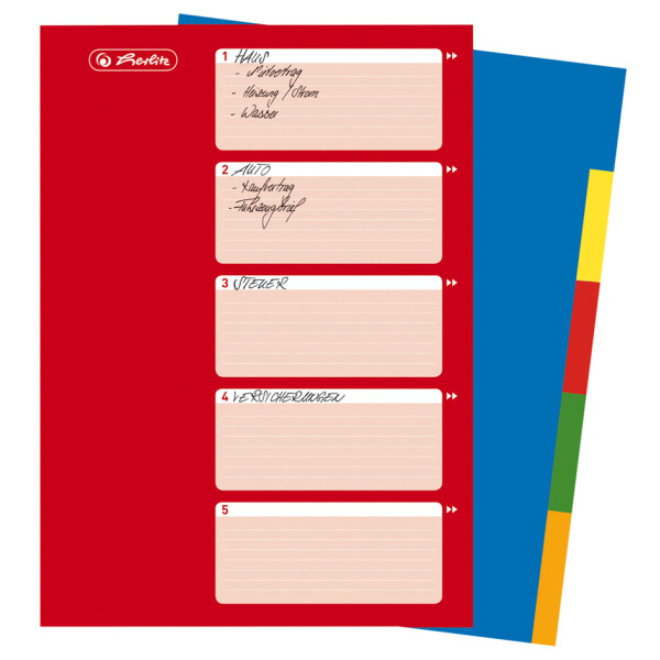 herlitz Kunststoff-Register, blanko, A4, farbig, 5-teilig