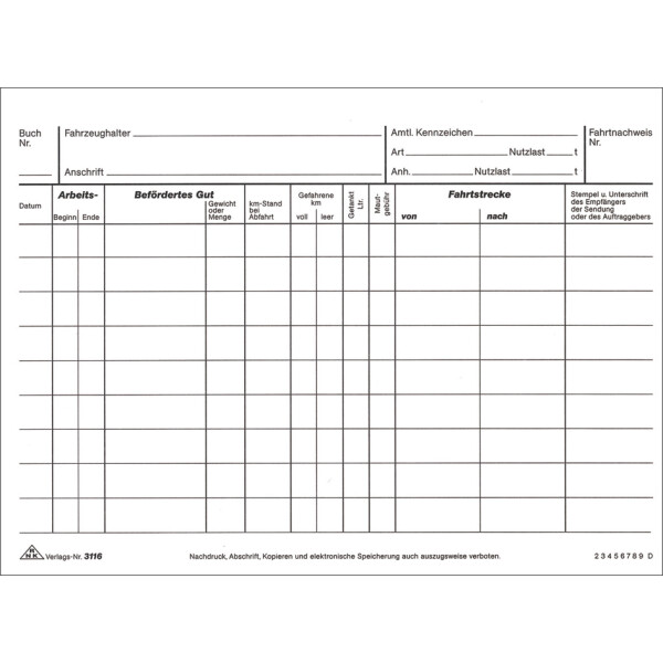 RNK Verlag Fahrtenbuch LKW, DIN A5 quer, 2 x 25 Blatt, SD