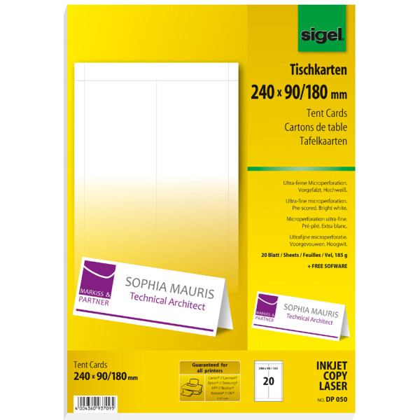 sigel Tischkarte, hochwei&szlig;, 185 g qm, 190 x 60 120 mm