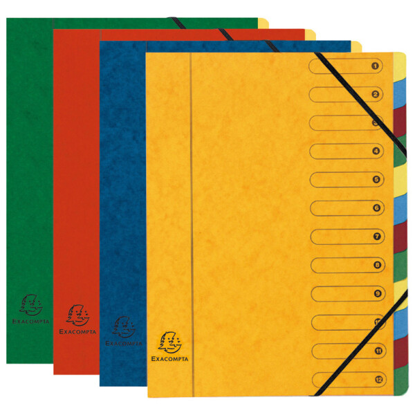 1 Stück gelb Harmonika, DIN A4, 21 x 29,7 cm, 12 Fächer, aus Manila-Karton, Gummizug, Indexfenster Exacompta 55129E Ordnungsmappe 