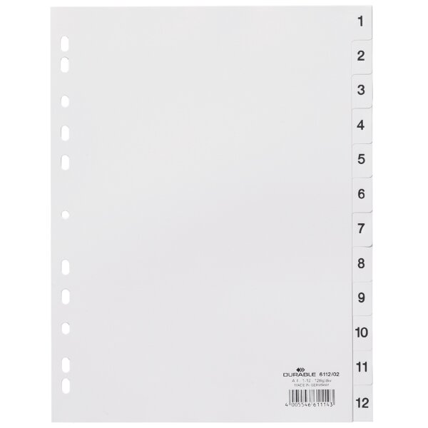 DURABLE Kunststoff-Register, Zahlen, A4, 12-teilig, 1 - 12