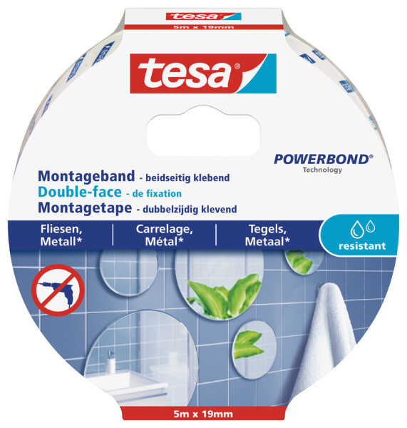 tesa Powerbond Montageband für Fliesen Metall, 19 mm x 5,0 m