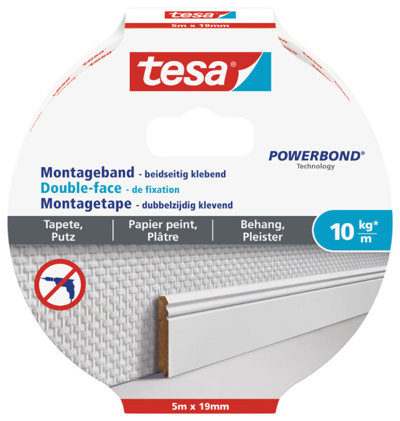 tesa Powerbond Montageband für Tapete Putz, 19 mm x 5,0 m