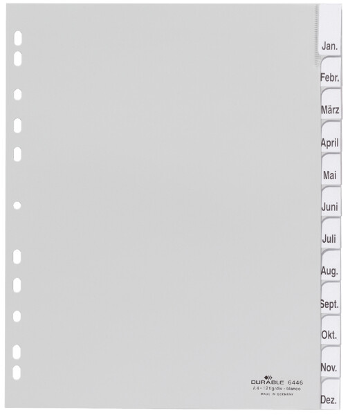 DURABLE Kunststoff-Register, A4, PP, 12-teilig, weiß