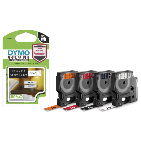 DYMO D1 Schriftbandkassette schwarz wei&szlig;, 12 mm x 5,5 m