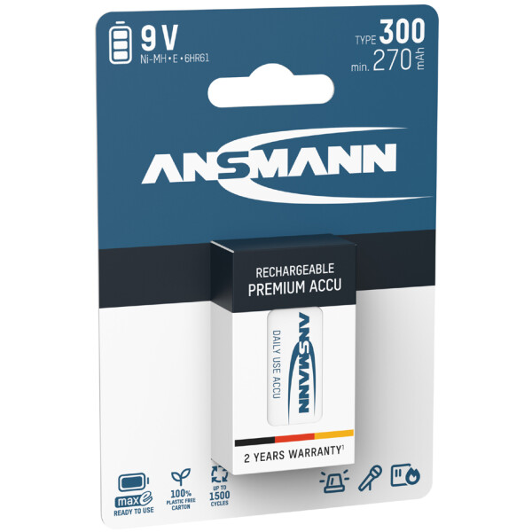 ANSMANN NiMH Akku maxE, 9V E-Block, 300 mAh, 1er Blister
