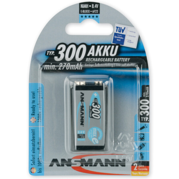 ANSMANN NiMH Akku maxE, 9V E-Block, 300 mAh, 1er Blister