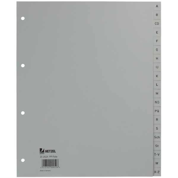 HETZEL Kunststoff-Register, A-Z, A4, PP, 20-teilig, grau