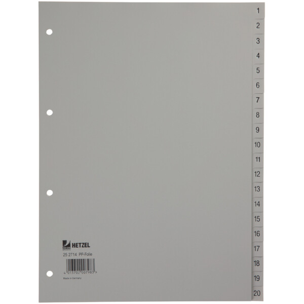 HETZEL Kunststoff-Register, Zahlen, A4, 1-31, PP, grau