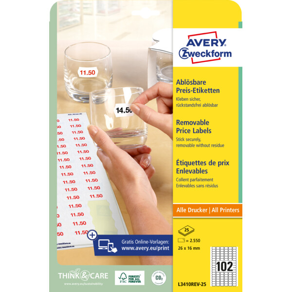 AVERY Zweckform Stick+Lift Preis-Etiketten, 26 x 16 mm, wei&szlig;