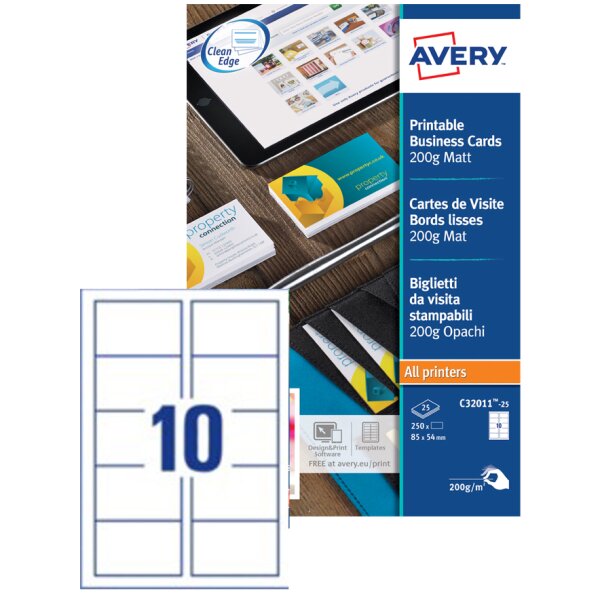 AVERY Cartes de visite Quick&amp;Clean, 200 g m2, blanc mat