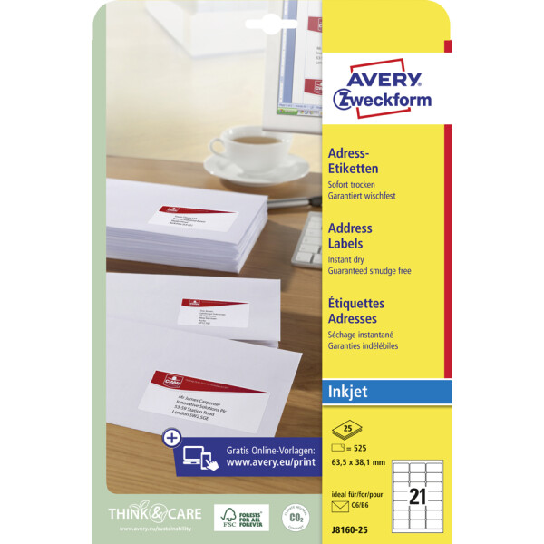 AVERY Zweckform Inkjet Adress-Etiketten, 63,5 x 38,1 mm