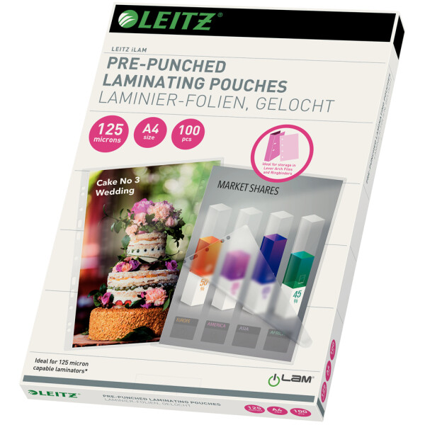 LEITZ Laminierfolientasche, DIN A4, Abheftlochung, 250 mic
