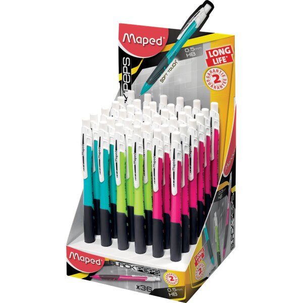 Maped Blackpeps Druckbleistift 0,5 Mm – Automatische Minenführung, Soft-Griffzone, Inkl. 12 Minen & 4 Radiergummis – Farbe Zufällig (grün, Blau Oder Pink)