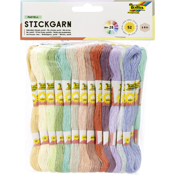 folia Stickgarn "Pastell", 52 Docken &agrave; 8 m, farbig sortiert
