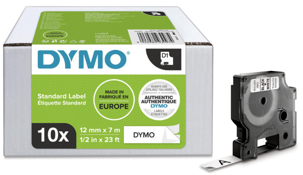 DYMO D1 Schriftbandkassette schwarz weiß, 12 mm x 7 m, 10er