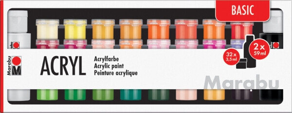 Marabu Acrylfarben-Set "BASIC", 32 x 3,5 ml 2 x 59 ml